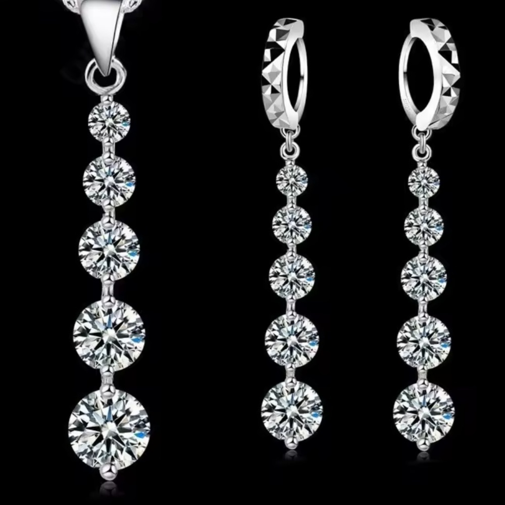 925 Sterling Silver Cubic Zirconia Necklace & Earrings SET NEW